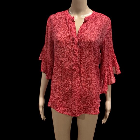 Vince Camuto Women's Pintuck Flutter Sleeve Floral Pattern Voile Blouse Size Sm - Picture 12 of 16